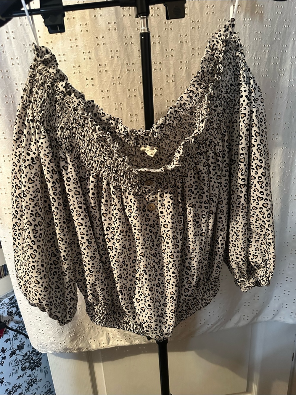 eesome Cream and Black Leopard Smocked Off-Shoulder Crop Top